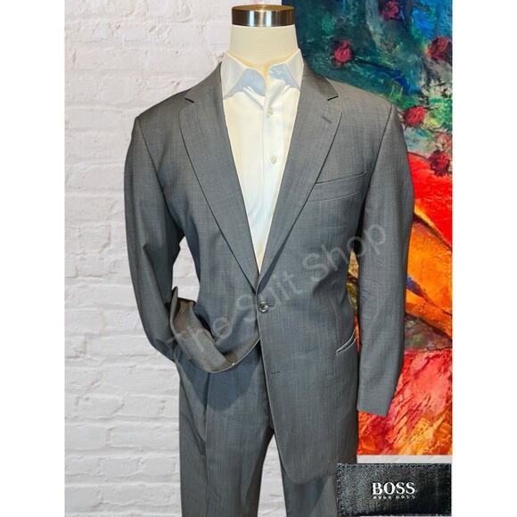 Hugo Boss 44L 38x29 Steel Gray Nailhead 2 Piece Quality Suit Set Virgin Wool - Picture 1 of 16